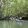 Guests paddle kayaks through a winding mangrove waterway during the Kilim Kayak Adventure